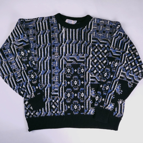 Robert Bruce Vintage 90s Acrylic Sweater Abstract Blue Black Mens Large - Picture 1 of 11
